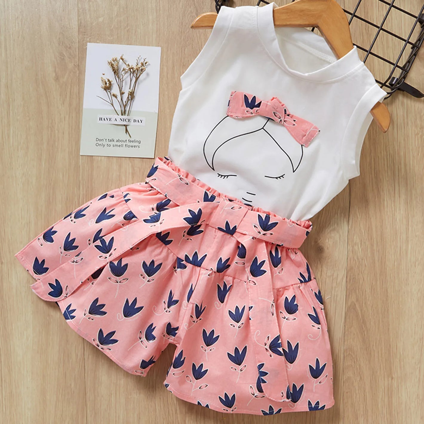 Toddler Kids Baby Girls Clothes Sets Summer Sleeveless Bowknot T-shirt+Floral Shorts Sets 2Pcs Outfits Suits 1 2 3 4 5 6 Years