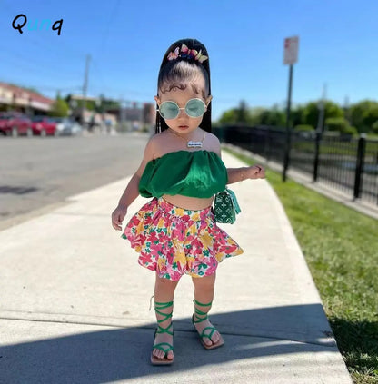 Qunq 2023 Summer New Girls Fashion Strapless Lovely Pullover Crop Top + Floral Shorts 2 Pieces Set Casual Kids Clothes Age 3T-8T