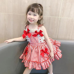 Summer Girls Cute Bow Plaid Dress Sleeveless Fashion Party Dresses Kids Tutu Toddler Girl Princess Fluffy Dress Children Clothes