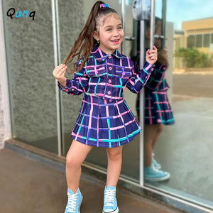 Qunq 2023 Summer New Girls Turn-Down Collar Plaid Long Sleeveless Top + Pleated Skirt 2 Pieces Set Casual Kids Clothes Age 3T-8T