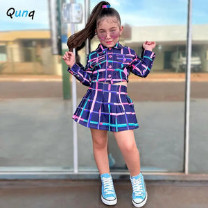 Qunq 2023 Summer New Girls Turn-Down Collar Plaid Long Sleeveless Top + Pleated Skirt 2 Pieces Set Casual Kids Clothes Age 3T-8T