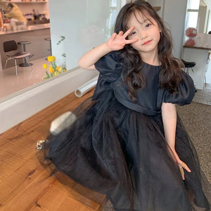 Children Elegant Princess Dress For Girl Summer Short Puff Sleeves Kids Big Bow Mesh Splicing Tutu Dress Girls Party Dresses