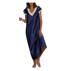 Women Pijamas 2022 Sexy Nightgown Long Dress Satin Sleepwear Short Sleeve Lace V Neck Homewear Pajamas Nightwear Robe Femme