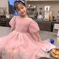 Children Elegant Princess Dress For Girl Summer Short Puff Sleeves Kids Big Bow Mesh Splicing Tutu Dress Girls Party Dresses