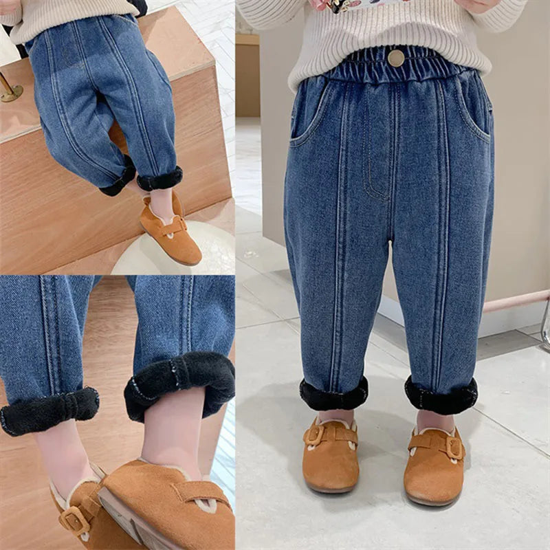 2024 New Autumn Winter Kids Fur Padded Jeans Children Solid Color Simple Denim Blue Pants Boys Girls Thicking Trousers