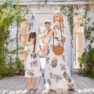 Qunq Summer New Parent-Child Outfit One-Line Shoulder Printed Chiffon Temperament Casual Dress Mom And Daughter Matching Clothes