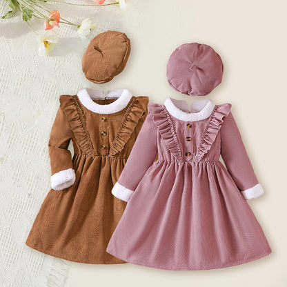 Autumn Toddler Girl Dress Ruffle Winter Long Sleeve Dresses Ruffles Princess Clothes Kid Pleated Corduroy Flounce Chidlren Dress