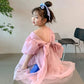 Children Elegant Princess Dress For Girl Summer Short Puff Sleeves Kids Big Bow Mesh Splicing Tutu Dress Girls Party Dresses