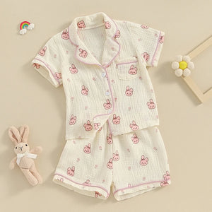 2023-12-25 Lioraitiin Kids Girls Easter Pajamas Outfits Rabbit Print Short Sleeve Shirts and Elastic Waist Shorts Sleepwear Suit