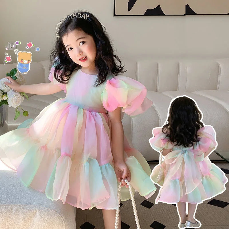 Girl Puff Sleeve Tulle Tutu Princess Dress Square Collar Mesh Ruffle Bubble Skirt Evening Party Prom Mini Fairy Dress Costume