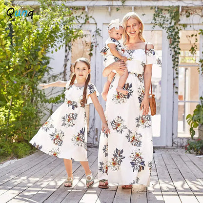 Qunq Summer New Parent-Child Outfit One-Line Shoulder Printed Chiffon Temperament Casual Dress Mom And Daughter Matching Clothes