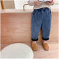 2024 New Autumn Winter Kids Fur Padded Jeans Children Solid Color Simple Denim Blue Pants Boys Girls Thicking Trousers