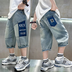 Boys Pants Summer Thin Breathable Jeans Patchwork Embroidered Letters Children'S Clothing Loose And High-Elastic Bottoms 6-15y