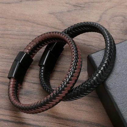 Punk Men Black Brown Braided Leather Bracelet Stainless Steel Magnetic Clasp Bangles Wrap Bracelets Fashion Jewelry