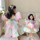 Girl Puff Sleeve Tulle Tutu Princess Dress Square Collar Mesh Ruffle Bubble Skirt Evening Party Prom Mini Fairy Dress Costume