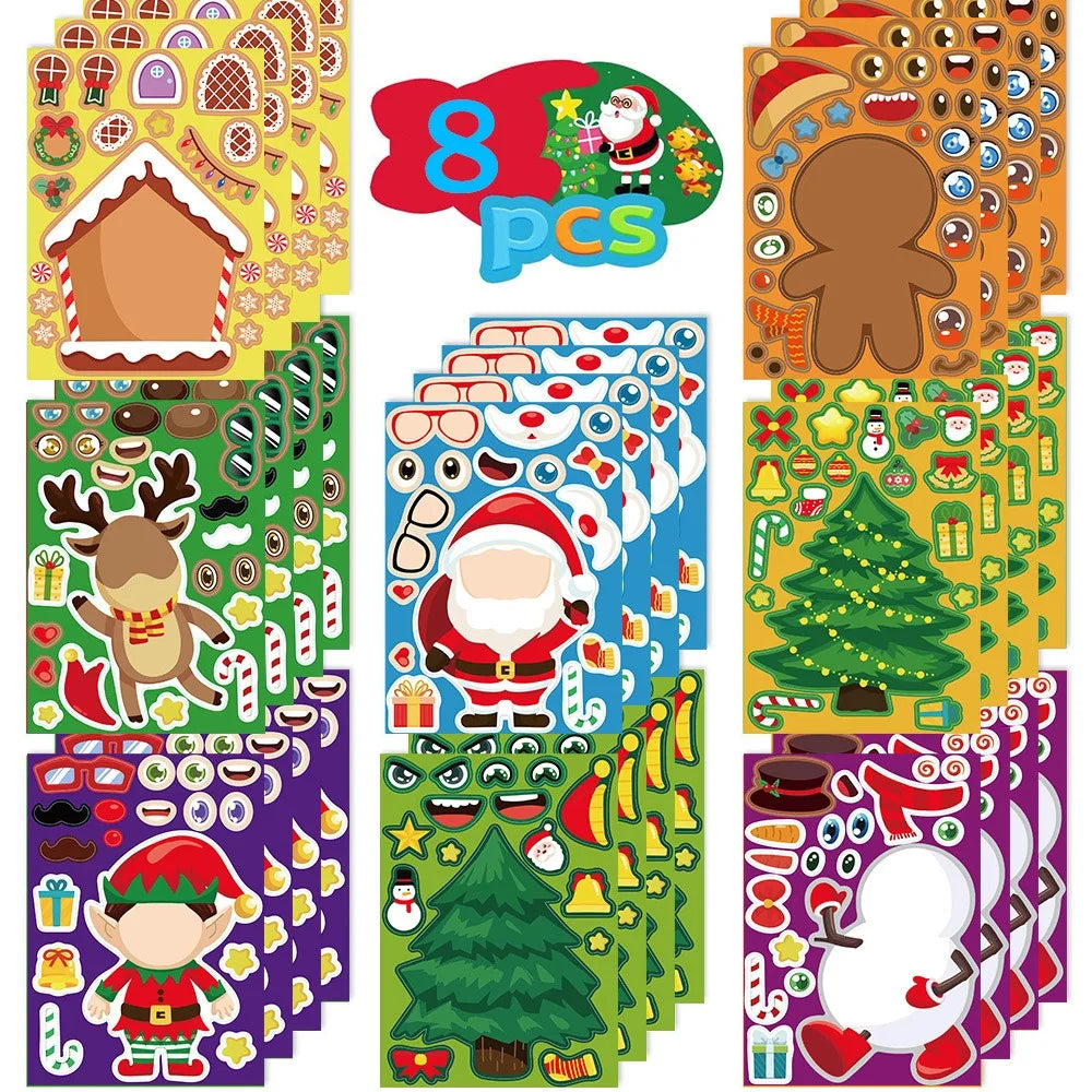 8Sheets Children DIY Puzzle Sticker Toys Santa Christmas Tree Socks Face Assemble Stickers Kids Boys Girls Christmas Gifts Toy