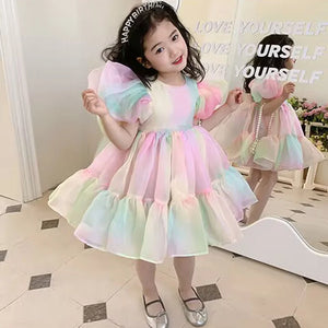 Girl Puff Sleeve Tulle Tutu Princess Dress Square Collar Mesh Ruffle Bubble Skirt Evening Party Prom Mini Fairy Dress Costume