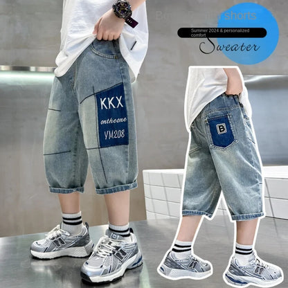 Boys Pants Summer Thin Breathable Jeans Patchwork Embroidered Letters Children'S Clothing Loose And High-Elastic Bottoms 6-15y