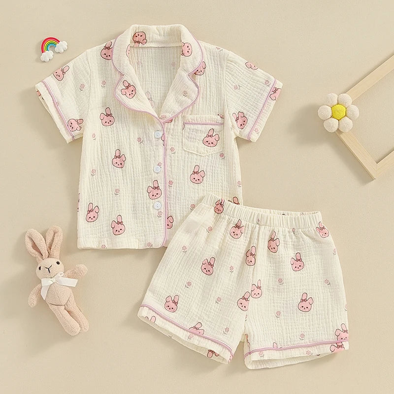 2023-12-25 Lioraitiin Kids Girls Easter Pajamas Outfits Rabbit Print Short Sleeve Shirts and Elastic Waist Shorts Sleepwear Suit