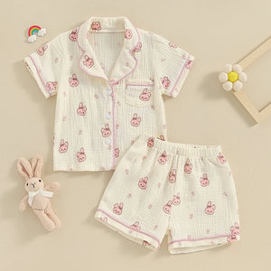 2023-12-25 Lioraitiin Kids Girls Easter Pajamas Outfits Rabbit Print Short Sleeve Shirts and Elastic Waist Shorts Sleepwear Suit