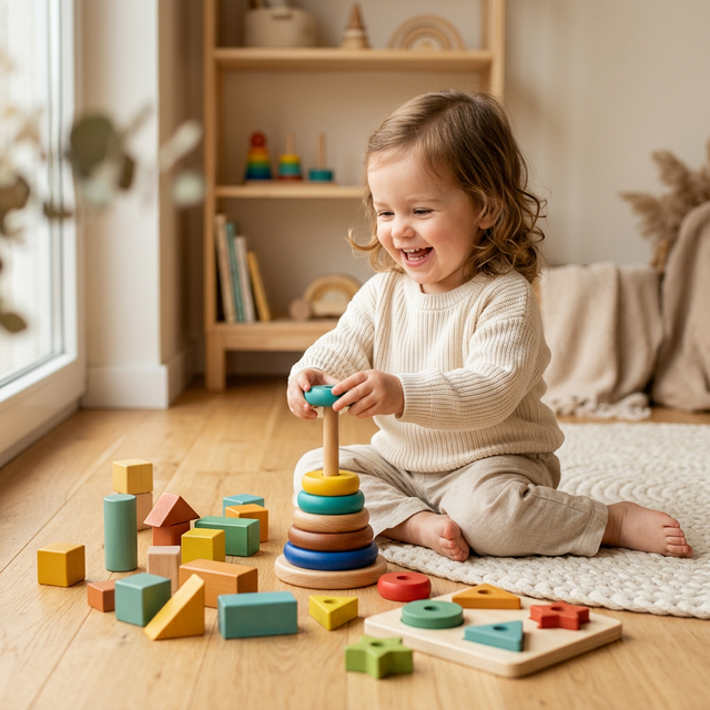 Happy child playing with wooden toys